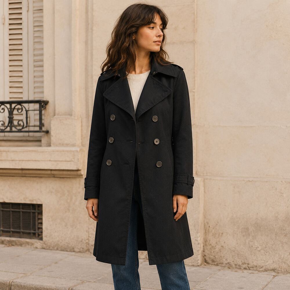 London Fog Trench Coat Womens 6 Black Double Breasted Classic Raincoat